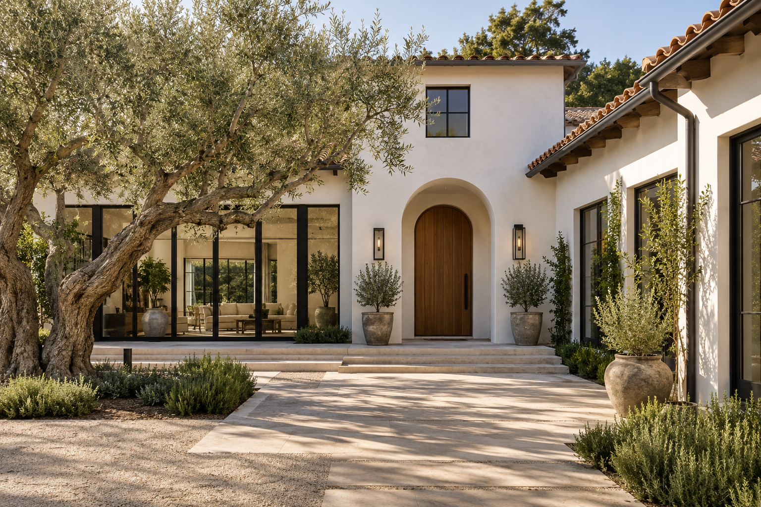 Architectural concept of a modern Spanish home with white stucco and warm wood details